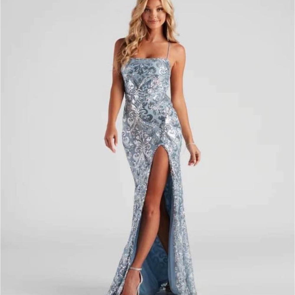 Windsor Silver Blue Sequin Backless Prom Dress